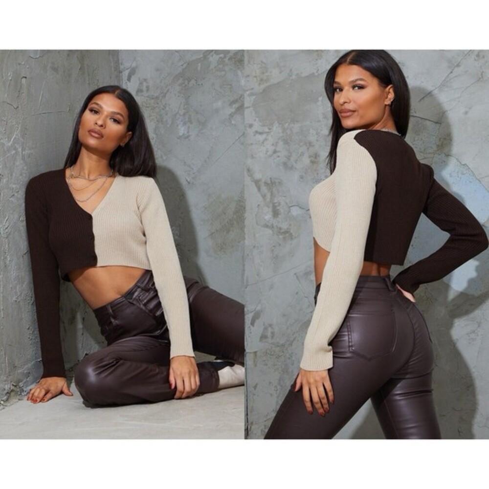 Pretty Little Thing Crop Cardigan Sweater Womens Sz S Brown Tan Two Tone 90s NEW